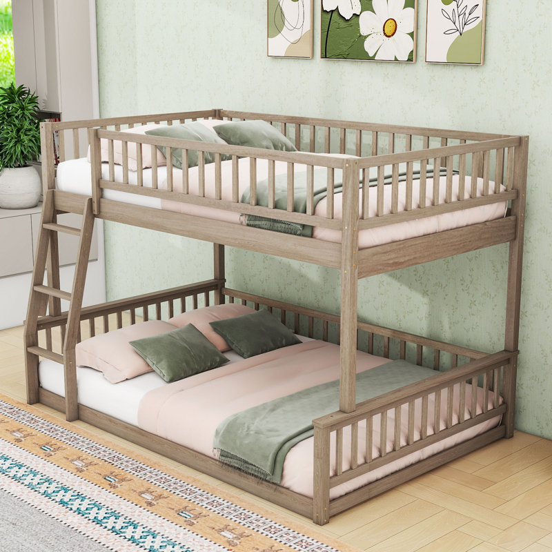 Wood Bunk Bed With Ladder And Slats, Walnut, Full XL Over Queen