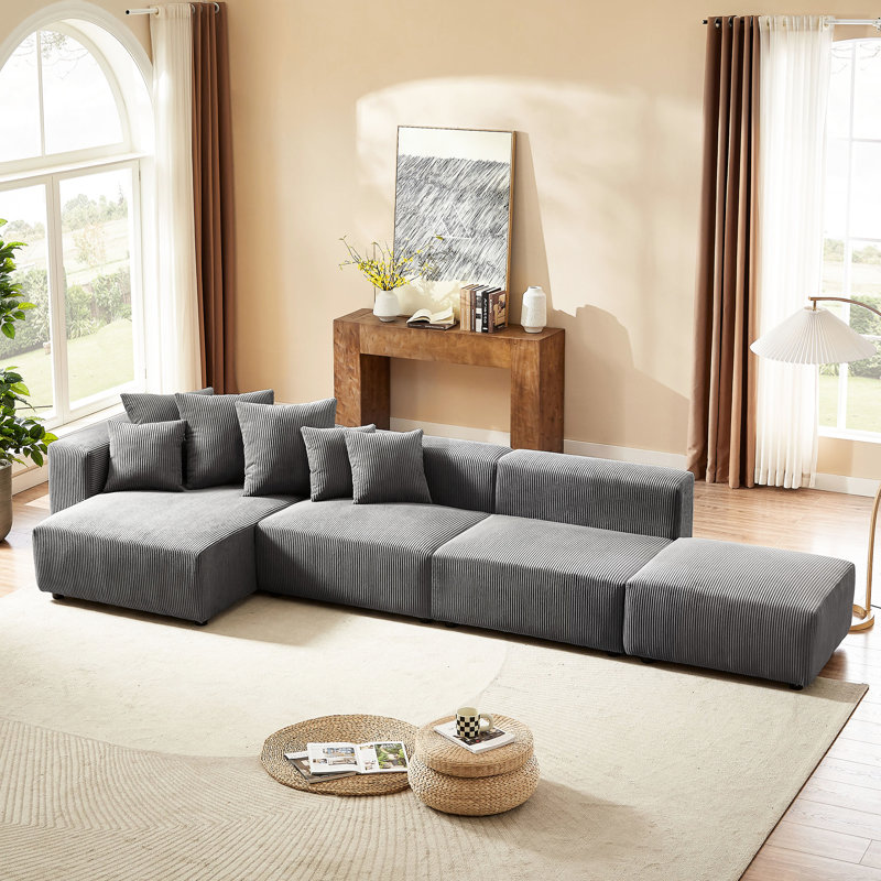 Méridienne en L 4 pièces gris modulaire en velours côtelé gris pour salon, appartement, bureau avec revêtement modulaire 4