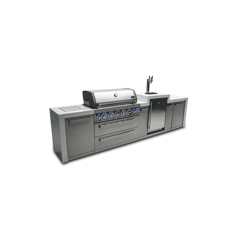 Mont Alpi 6-Burner Deluxe Stainless Steel Island Barbecue Grill + 3 Beer Tap Kegerator Refrigerator