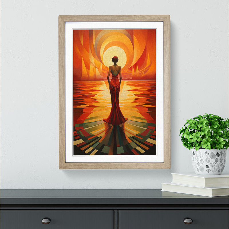 Sunset Art Deco - Single Picture Frame Print on Wood, 46cm H x 34cm W x 2cm D, Oak