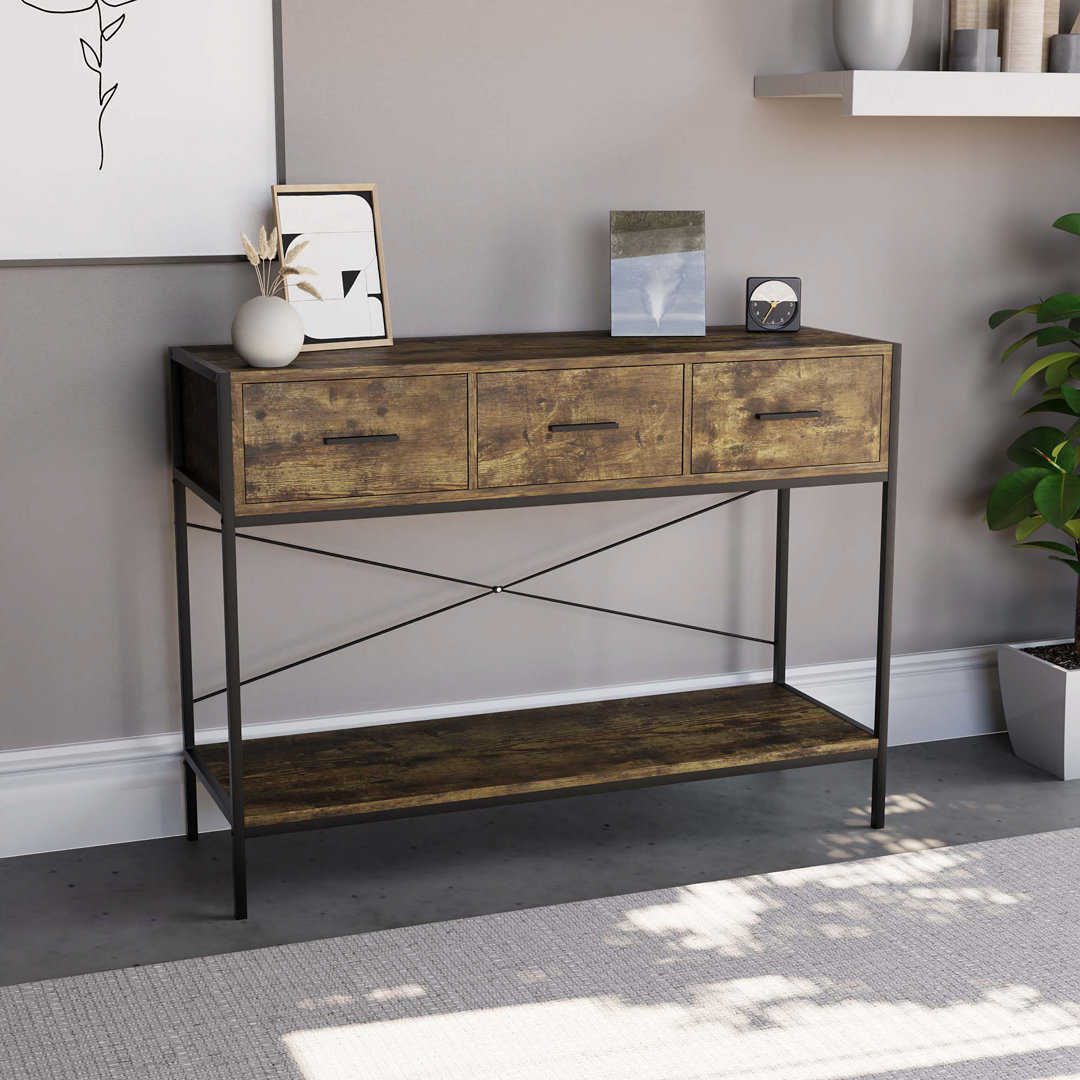 Sylvie 3 Drawer Console Table for Hallway, Industrial Style Living Room Furniture With Metal Legs