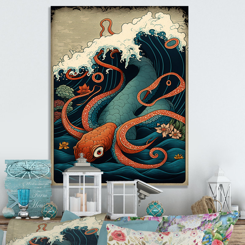 Paysage japonais avec pieuvre II - photographie sur toile, H 40 po x l 30 po x P 1,5 po, Toile tendue