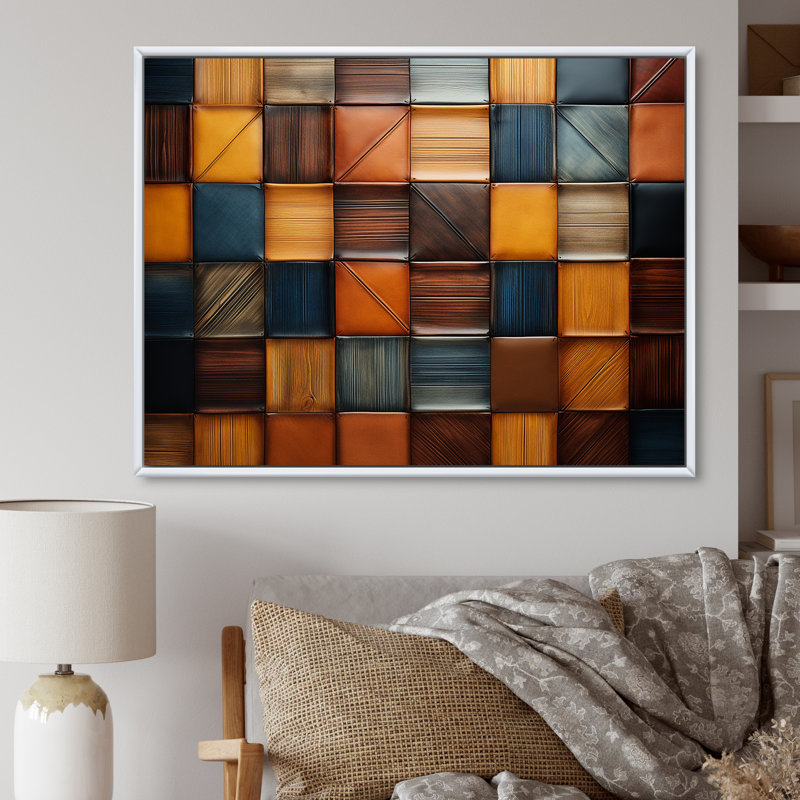 Carreaux colorés de couleurs terrestres VI - mosaïque boho, Cadre flottant blanc, H 34 po x l 44 po x P 1,5 po
