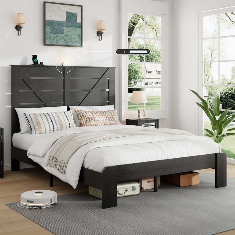 Farmhouse Full Bed Frame with Tall Headboard, Wooden Platform Bed Frame with Charging Station & Led Lights，Noise Free,No Box Spring Needed and Easy Assembly，Black