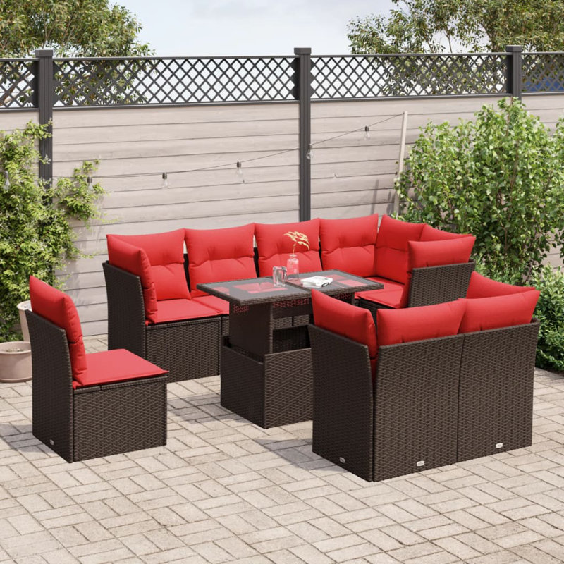  Ensemble de canapé de patio 9 pièces avec coussins en rotin de polyester brun, Rouge, Brun