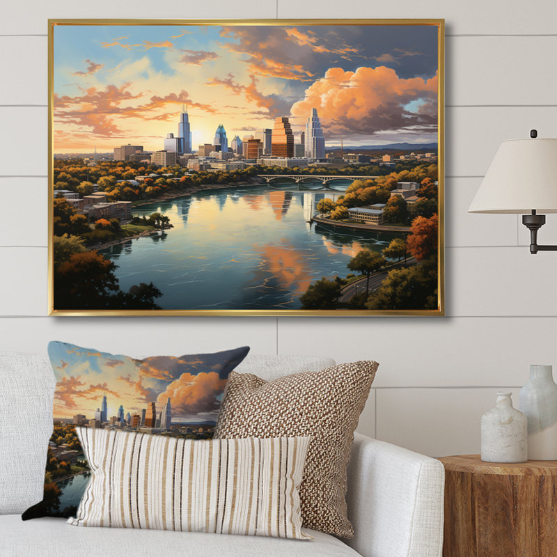 «Austin Dynamic Cityscape IV - Austin», art mural encadré, H 16 po x l 32 po x P 1 po, Cadre flottant doré