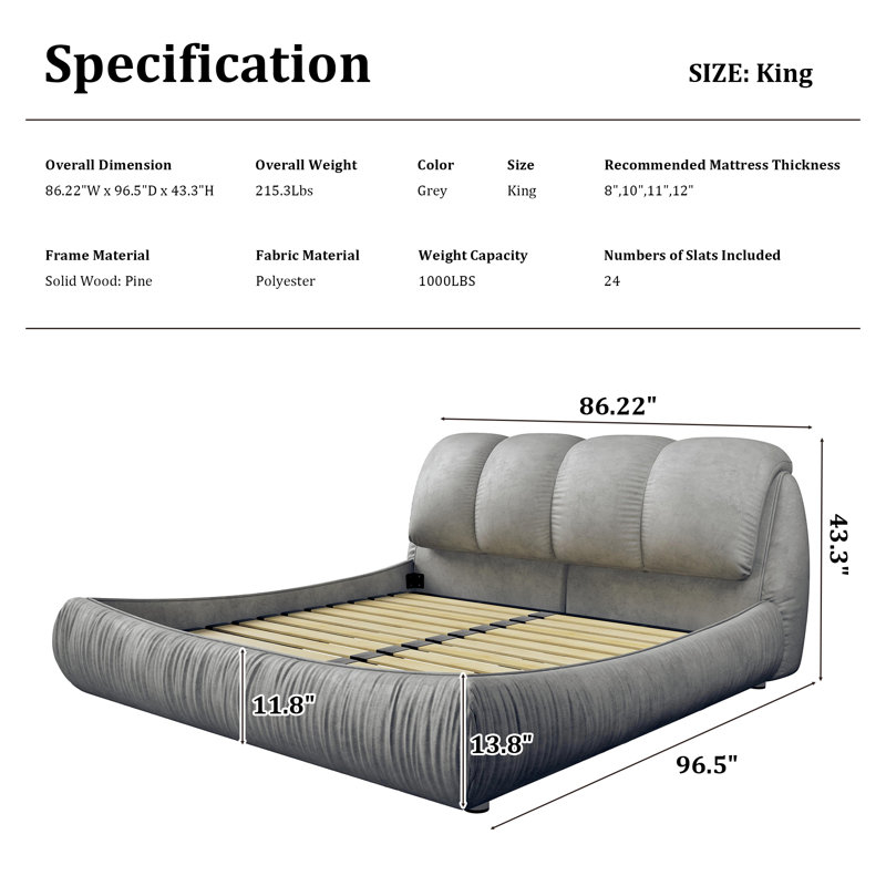 Henness Upholstered Sleigh Bed, King, Gray