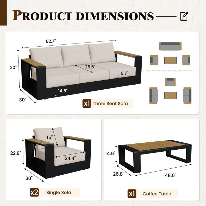 Ensemble de conversation extérieur en aluminium 4 pièces avec coussins en tissu oléfine, ensemble de meubles de patio comprenant un canapé 3 places, 2 fauteuils individuels et une table basse.