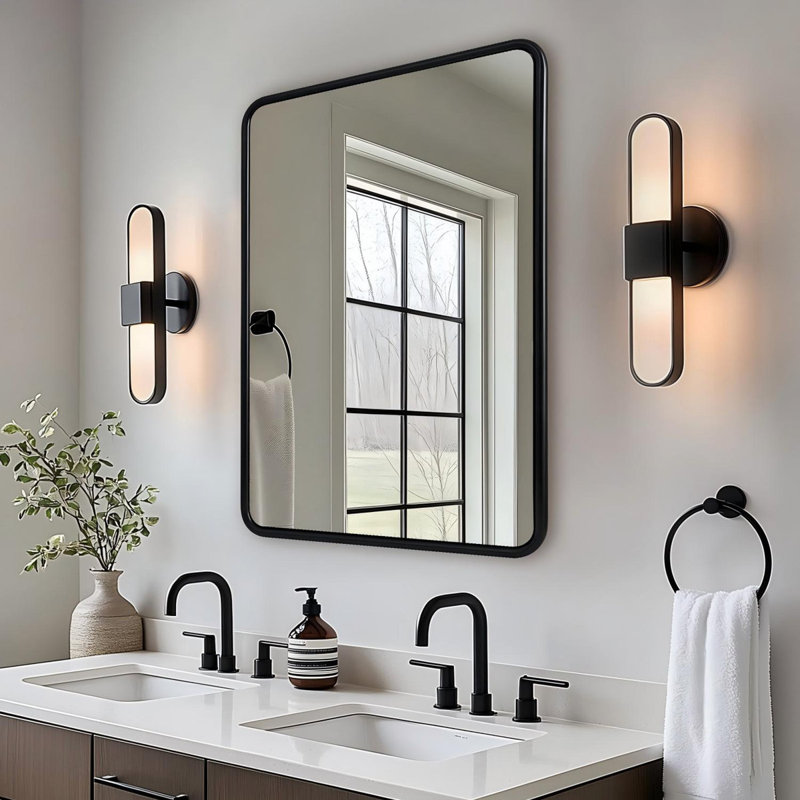 Miroir de salle de bain rectangulaire contemporain | Structure en O-Tube en acier inoxydable, 36 po x 30 po, Noir mat
