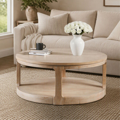 Table basse – Étagère inférieure – Roulettes – Plateau rond – Finition naturelle – Style transitionnel