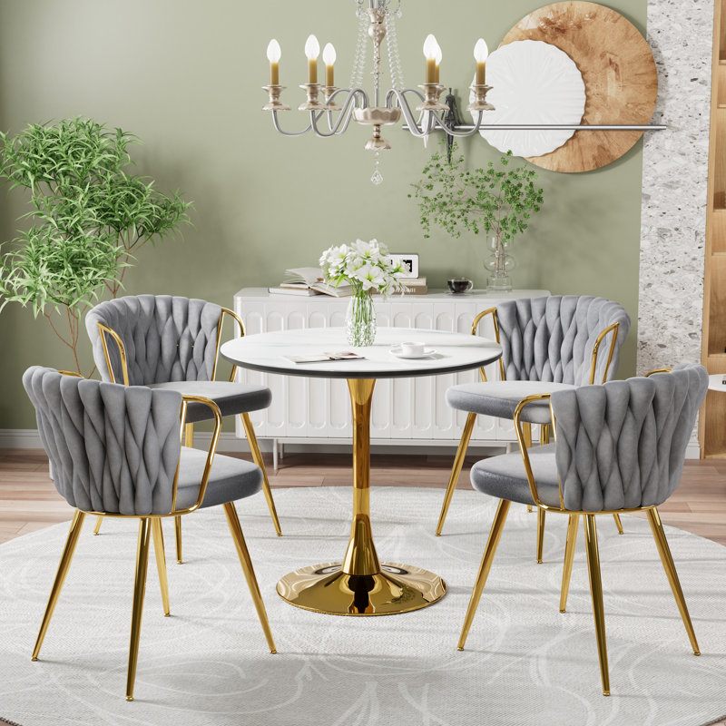 Marble Top Pedestal Dining Set, Gray/Gold, 5
