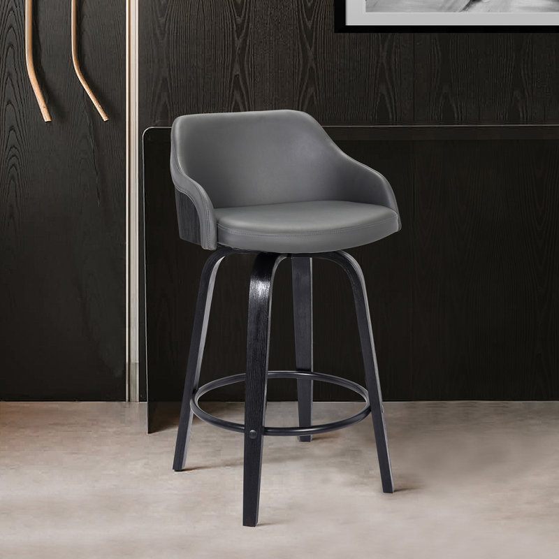 Aiken Swivel Counter or Bar Height Bar Stool with Arms in Faux Leather, Plywood and Metal Footrest, Grey Faux Leather, Black