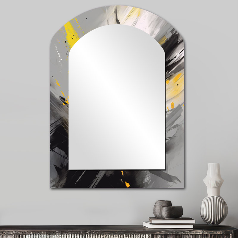 «Yellow Gray Vibrant Swirls II», grand miroir mural asymétrique géométrique, miroir décoratif de forme libre jaune, impression d'art en métal