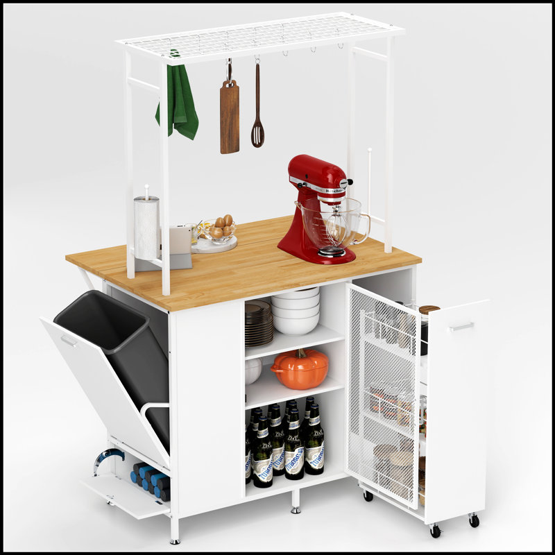 Îlot de cuisine polyvalent avec bar à déjeuner pliable, grand espace de rangement et comptoir durable pour les petites cuisines