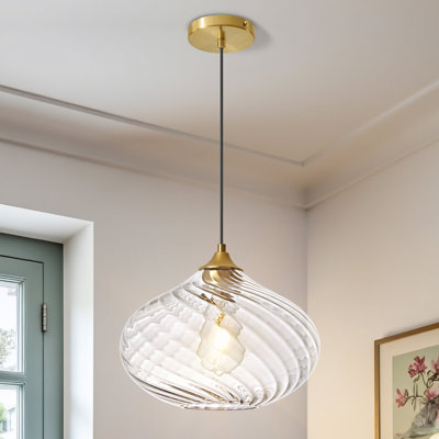 1 - Light Gold Kitchen Island Single Pendant Light With 11in Striped Clear Glass Shade