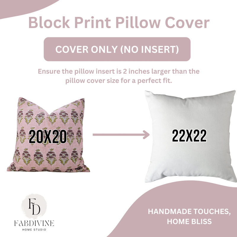 Fabdivine Handcrafted Decorative Pillow – Indian Block Print Cushion Cover, Mormukut, Pink, Square 20"