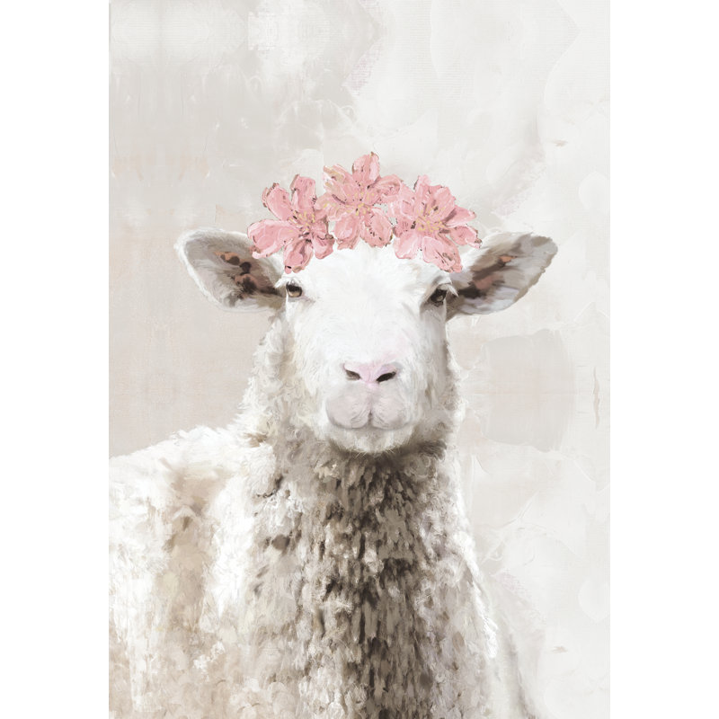 Sheep Blush Flower Crown - Painting Print, Black Floater Framed, 46cm H x 30cm W