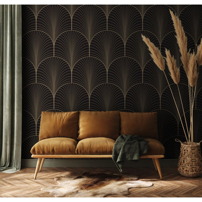 Papier peint mural Art déco noir et bronze en forme d'arche | Motif géométrique en éventail | Intissé ou autocollant