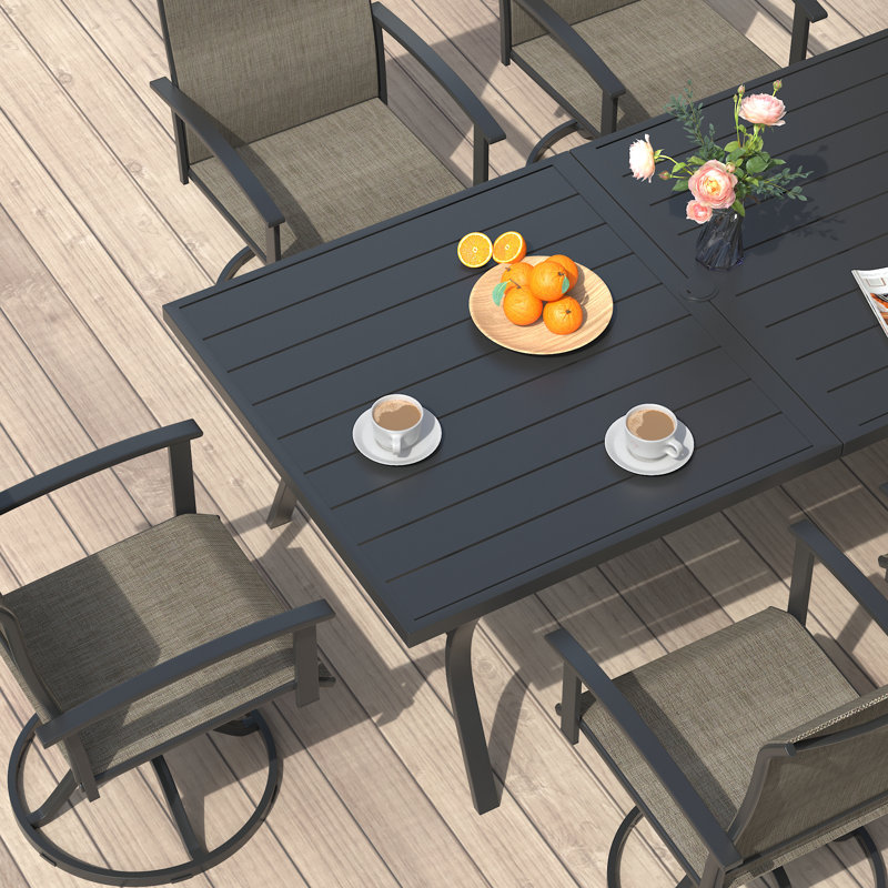 6-Person Patio Dining Set with 63" Rectangular Dining Table and 6 PVC-coated polyester Swivel Chairs, Black/Brown