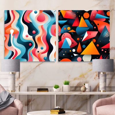 Pink And Blue Midcentury Trendy Patterns I - Abstract Geometric Acrylic Wall Art Glass Set Of 2