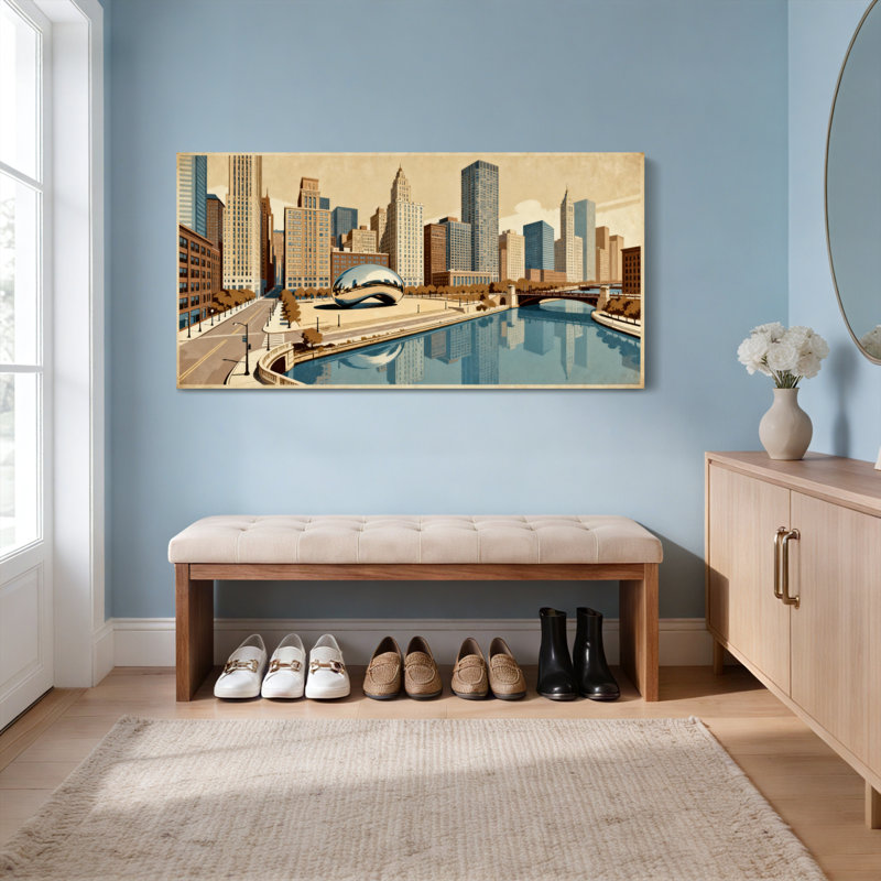 Tableau sur toile tendue représentant un paysage urbain de Chicago avec Cloud Gate et des reflets sur la rivière (lot de 1)