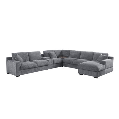 141.5"W Chenille Fabric Corner Sectional Sofa With Right-Facing Chaise, Cupholders, And Charging Ports