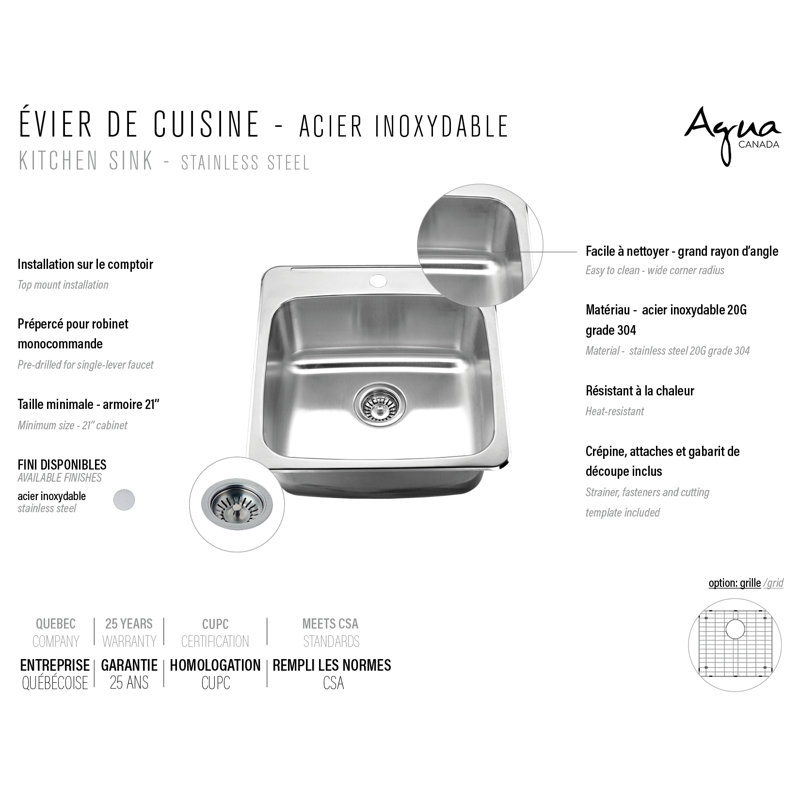 1 évier de cuisine à montage sur le dessus, 20 po x 20 po x 7 po