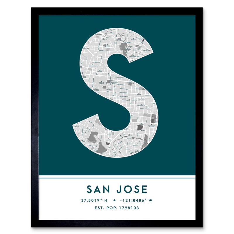 San Jose City Map San Jose Teal 1 Piece Single Picture Frame Wall Art