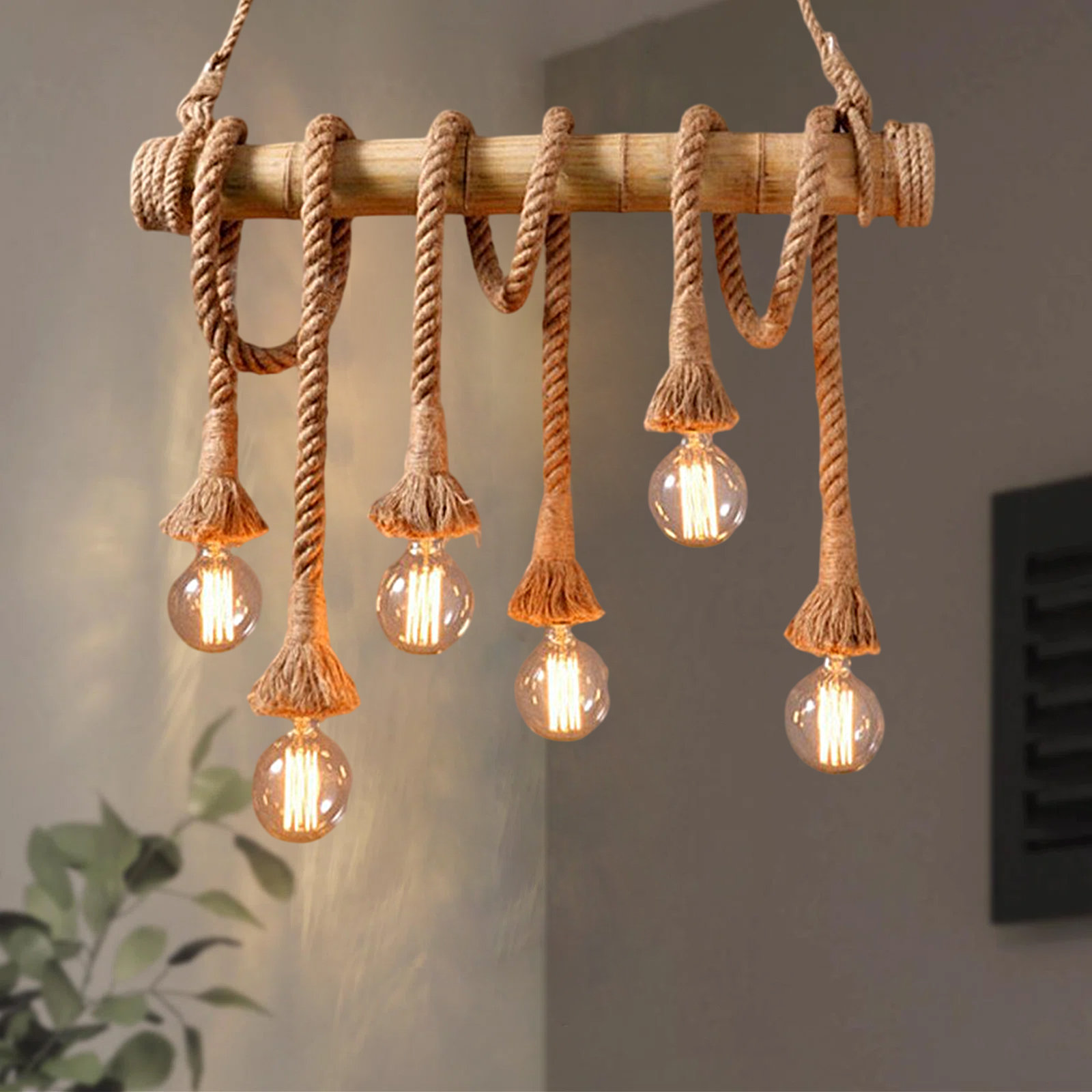 BBO Factory Handmade 6-Heads Hemp Rope Bamboo Pendant Light Vintage Country Chandeliers Rustic Hanging Light For Kitchen Island Bedroom Bar Restaurant Retro Interior Decoration & Reviews | Wayfair