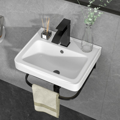 17"L x 14"W Wall Mount Bathroom Sink Ceramic Rectangular Console Bathroom vessel Sink with Basin Faucet and Bracket Base