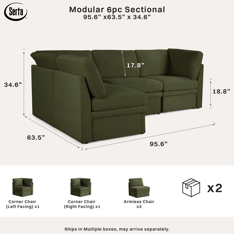 erta® Brady 95.6" Modular Sectional, Easy Assembly, Pocket Coil Comfort, Corduroy Fabric, Green Corduroy