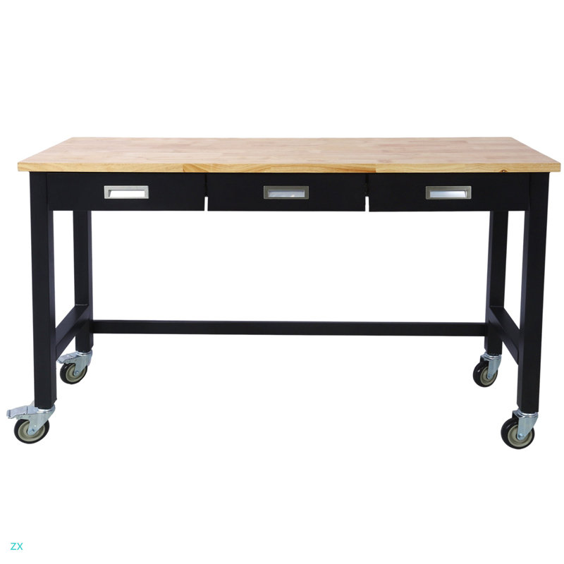 Banc de travail 60 po, banc de travail avec rangement de tiroir, table de travail en bois de bambou robuste avec roulettes pour le bureau à domicile