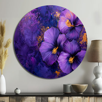 Hibiscus mauve, paysage de rêve mauricien - art mural rond tropical, art mural mauve en métal