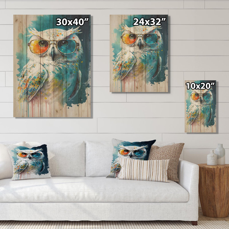 Hibou blanc froid avec lunettes de soleil amusantes II - impression sans cadre sur bois, H 20 po x l 12 po x P 1 po
