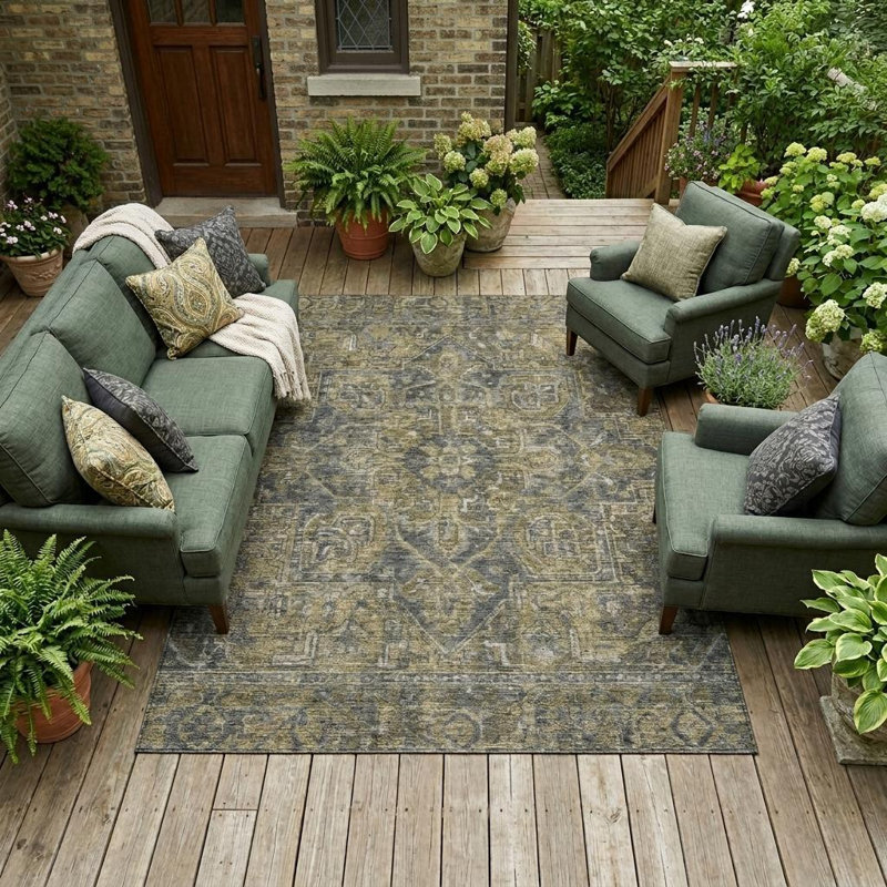 Tapis extérieur lavable antidérapant vert foncé et gris 8 pi x 10 pi