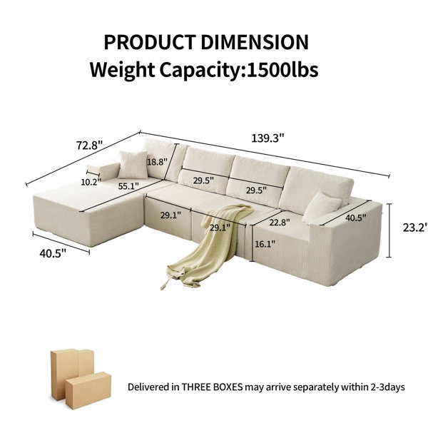 Latitude Run® 139.3" 4 Modular Sectional , Boneless Corduroy L Shape ...