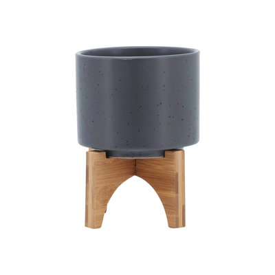 Planter W/ Wood Stand, Matte Gray