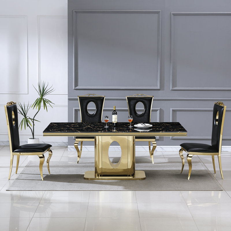70.08" Rectangular Faux Marble Top Pedestal Dining Set, Black/Gold