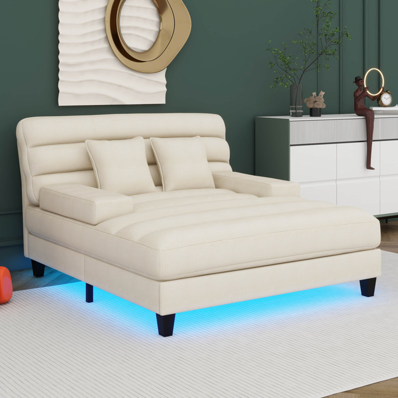 Méridienne 57,1 po, canapé-lit rembourré en chenille avec dossier réglable et bande lumineuse à DEL 57,1 po, Beige