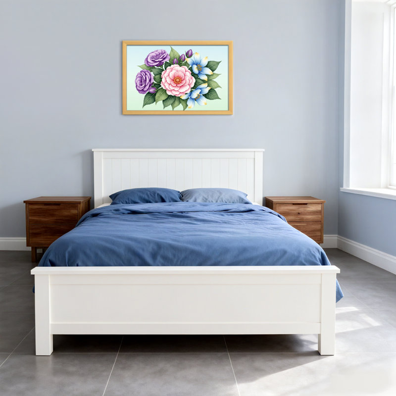 Bouquet de plantes et de fleurs avec fleurs roses, mauves et bleues, H 24 po x l 36 po, Toile tendue, Ne s’applique pas