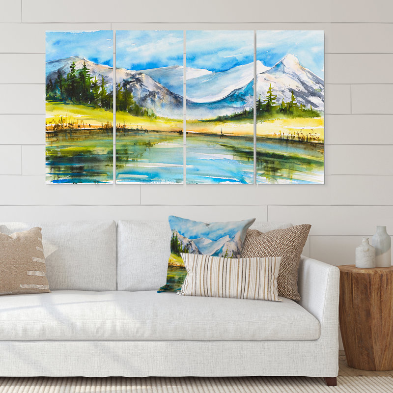 «Blue Lake with Mountain Valley», peinture sur toile tendue 4 pièces