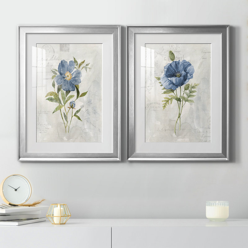 Blue Linen Peony - ensemble de 2 reproductions d'art, Blanc, H 22,5 po x l 61 po x P 1,5 po, Papier avec cadre argenté
