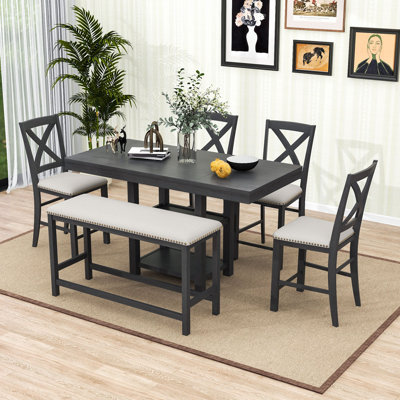 Ensemble de salle à manger 6 pièces, table extensible avec rallonge amovible, tablettes de rangement, chaises rembourrées et banc