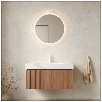 Meuble-lavabo et lavabo de salle de bain 30 po MURI, armoire de rangement flottante en contreplaqué avec tiroir et porte, plateau en pierre frittée en travertin Roma et lavabo en céramique avec 1 trou de robinet pré-percé, pré-assemblé, grain de bois Heidelberg