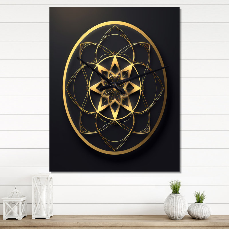 Horloge murale sacrée géométrie scellée en or sur fond noir VII, H 32 po x l 16 po x P 1 po