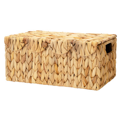 Handwoven Water Hyacinth Basket with Scalloped Lid, Decorative Wicker Storage Basket with Handles for Shelves, Kitchen, Nursery Room, 6'' H X 13'' W X 9.5'' D