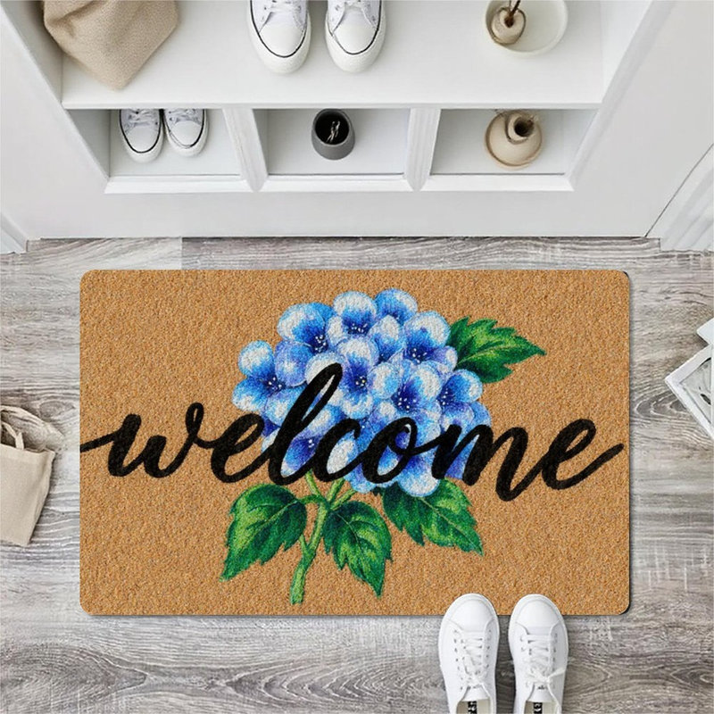 Paillasson Blue Hydrangea Welcome, 24 L x 36 W, pour porche d'entrée
