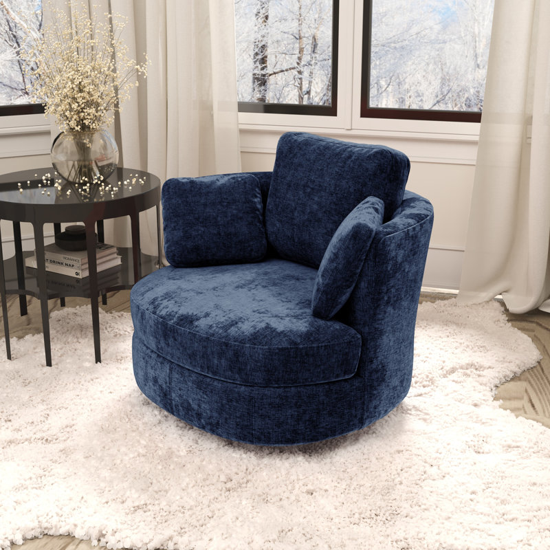 40.35"w Upholstered Cheniile Barrel Accent Swivel Chair, Navy