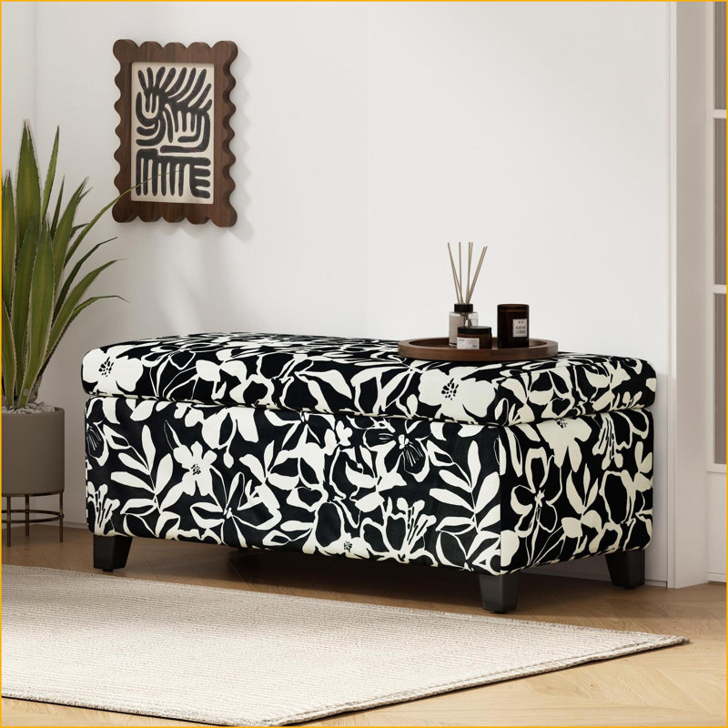Repose-pieds avec tissu floral, rangement à fermeture en douceur, repose-pieds multifonctionnel pour le salon | Noir | Bois