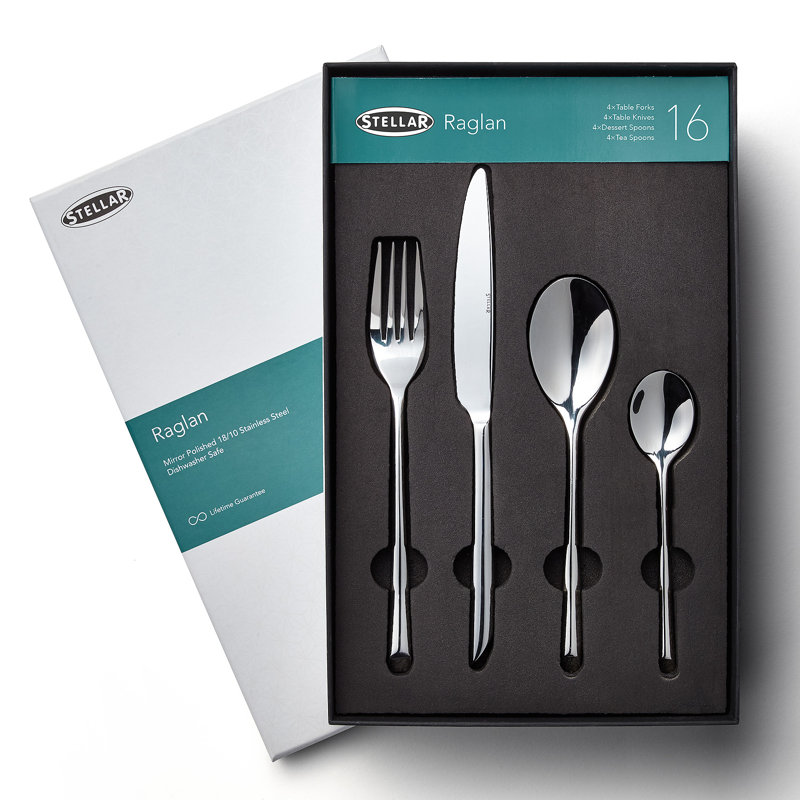 Stellar 16 Piece 18/10 Stainless Steel Cutlery Set. Table Settings for 4, Raglan Design